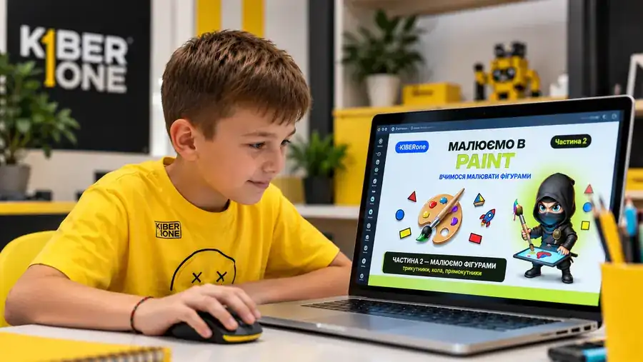 Хлопчик малює в Paint на уроці KIBERone