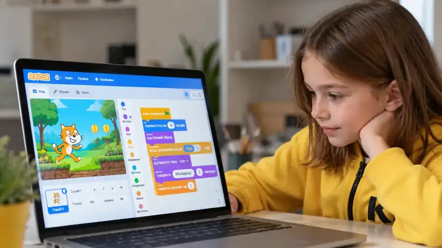 Дівчинка створює гру в Scratch