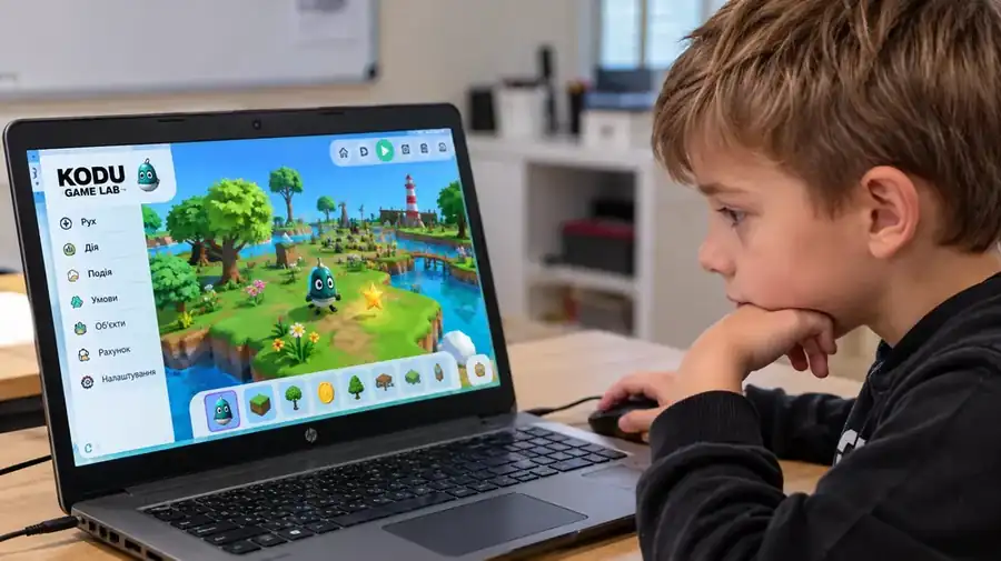 Хлопчик будує 3D-світ у Kodu Game Lab